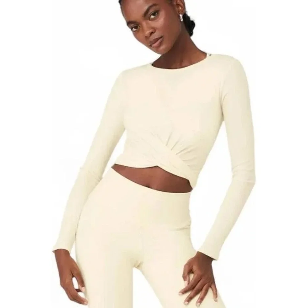 Alo Yoga Cover Long Sleeve Top Cream Ivory Ribbed Wrap Front Cropped Small